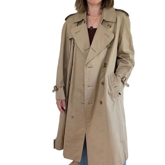 Vintage Mens Burberry Tan Khaki Beige Nova Check Long Trench Rain Coat 50 Short - Picture 5 of 12